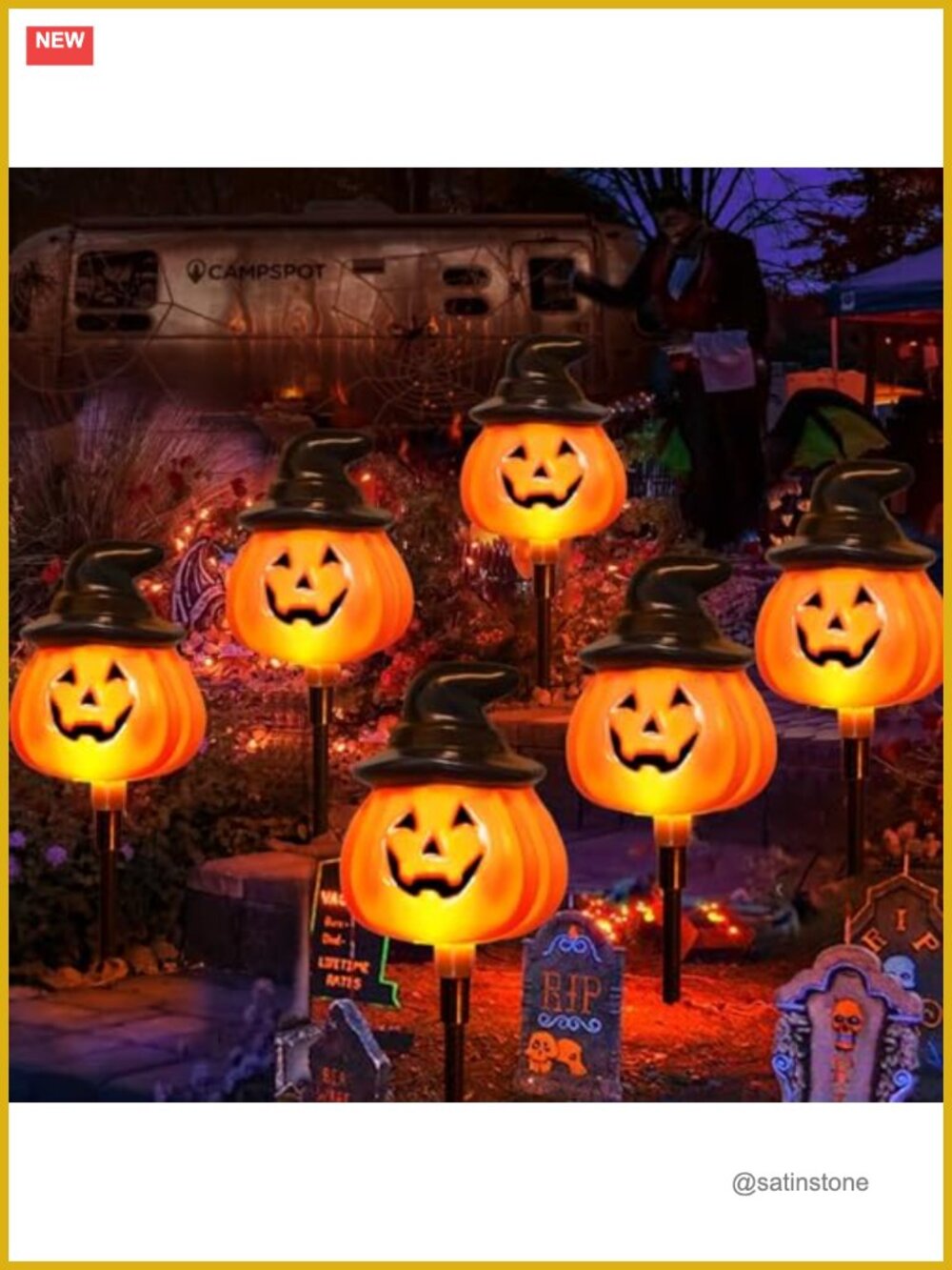 6 Pk Solar Halloween Path Lights Jack O Lantern Pumpkin Garden Stakes